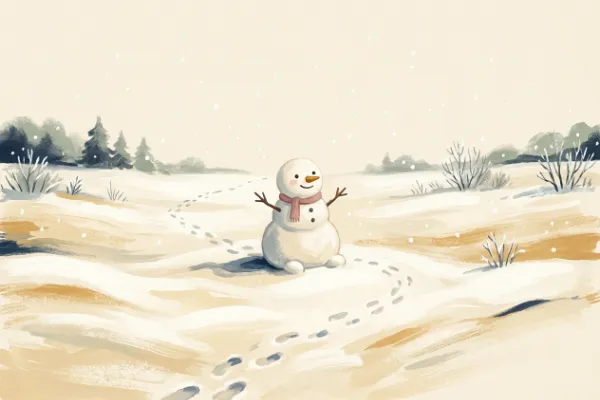 Schneemann auf einem verschneiten Feld mit Spuren im Schnee – Illustration zum Liedtext von Schneeflöckchen Weißröckchen