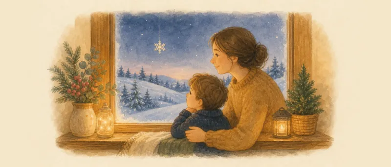 Illustration einer großen Schneeflocke vor einem Fenster mit verschneiten Feldern – Titelbild zum Lied Schneeflöckchen Weißröckchen