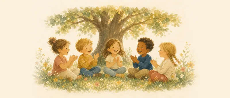 Sommerlieder: Kinder singen auf einer Sommerwiese im Schatten eines Baumes