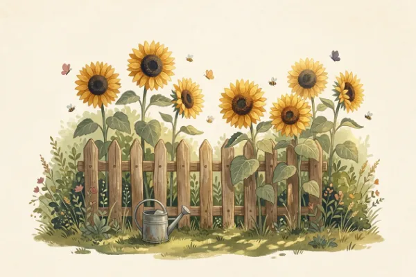 Sonnenblumen am Gartenzaun als sommerliches Motiv zu Sommerliedern