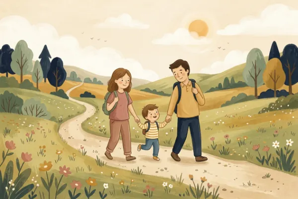 Familie wandert mit Rucksack über einen Feldweg – Illustration zum Lied Das Wandern ist des Müllers Lust