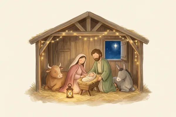 Krippenszene mit Stall, Ochs und Esel als Illustration zum Weihnachtslied