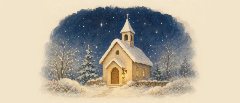 Stille Nacht Text: Laterne im Schnee vor einer kleinen Kapelle in der Weihnachtsnacht