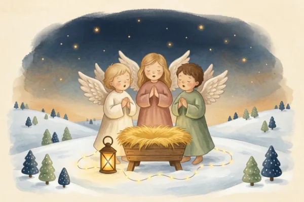 Engel singen über einer Krippe mit warmem Kerzenlicht als Illustration zum Weihnachtslied