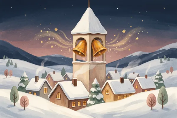 Zwei goldene Glocken schwingen über einem verschneiten Dorf im Advent