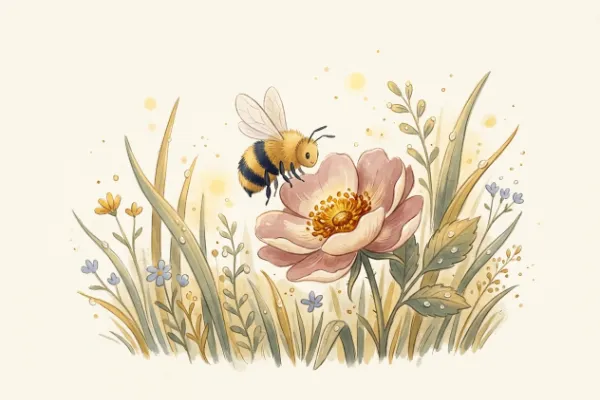 Bienchen sammelt Nektar in einer Blüte, Illustration zum Kinderlied Summ, summ, summ