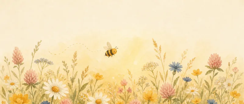 Titelbild: Summ, summ, summ – Bienchen fliegt über eine Blumenwiese, Liedtext zum Mitsingen für Kinder