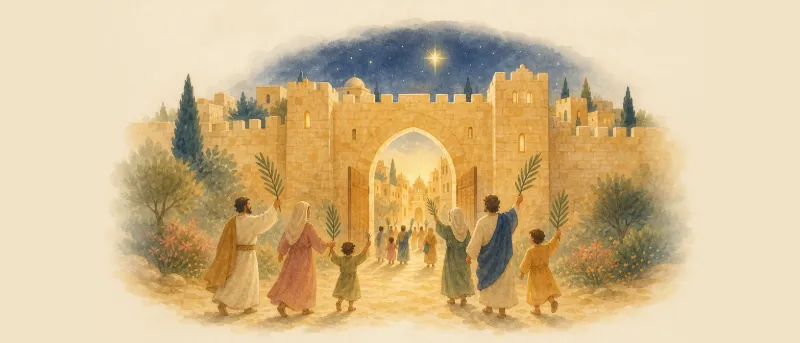 Titelbild zum Lied Tochter Zion: eine Stadtmauer im Abendlicht, davor ziehen Menschen mit Palmenzweigen zum offenen Tor