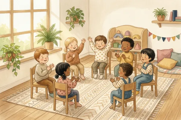 Illustration einer Kindergruppe, die im Stuhlkreis singt und sich zu den Strophen bewegt – Bewegungsideen zu Volksliedern