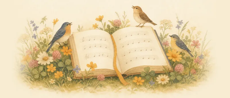Aufgeschlagenes Liederbuch mit Blumen und Vögeln auf einer Wiese – Volkslieder zum Mitsingen für Kinder