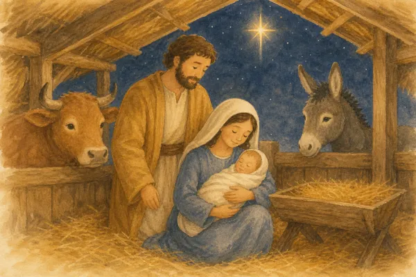 Maria hält das Kind in Windeln im Stall, daneben die Krippe mit Heu, Rind und Esel – Illustration zum Weihnachtslied