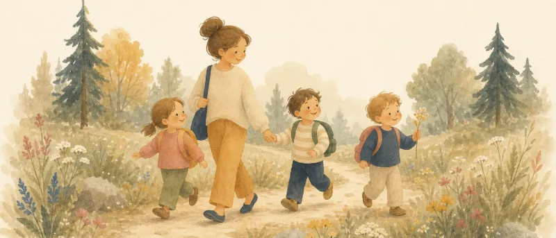 Wanderlieder: Kinder gehen singend im Takt einen Waldweg entlang