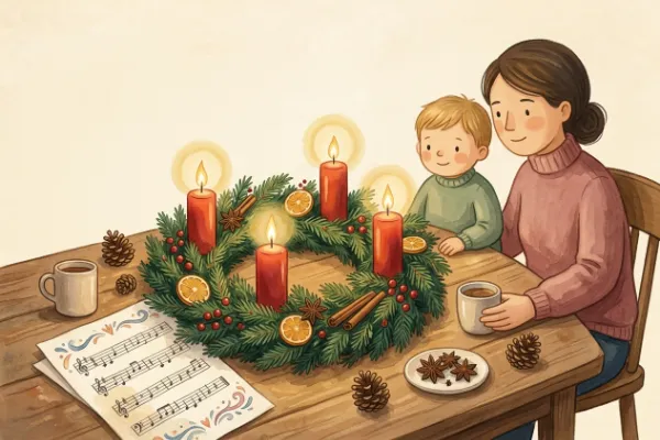 Adventskranz mit vier brennenden Kerzen neben einem Notenblatt für Weihnachtslieder auf einem Holztisch