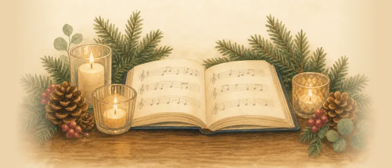 Weihnachtslieder: aufgeschlagenes Liederbuch mit Kerzen und Tannenzweigen auf einem Holztisch