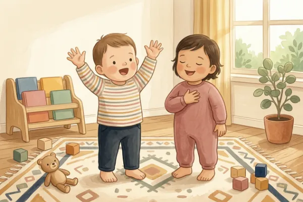 Kinder winken und halten eine Hand ans Herz – Bewegungen zum Lied Winter ade
