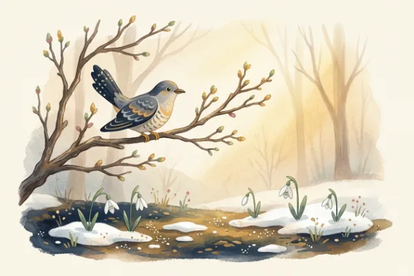 Kuckuck auf einem kahlen Ast mit Schneeglöckchen – Illustration zum Lied Winter ade