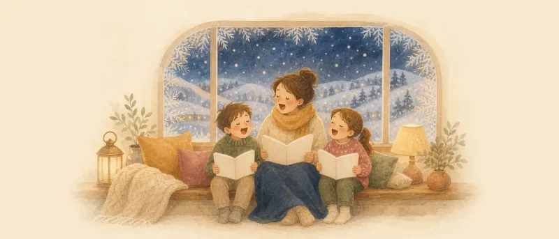 Winterlieder: Illustration von singenden Kindern am verschneiten Fenster