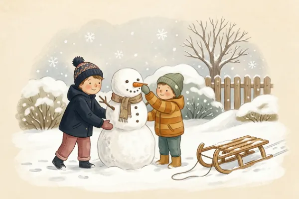 Winterlieder für Kinder: Illustration mit Schneemann, Schlitten und Schneeflocken