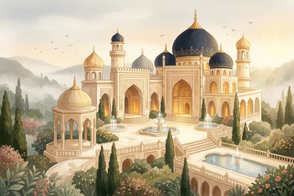 Orientalisches Schloss mit Kuppelsaal und juwelenbesetzten Fenstern in der Morgendämmerung – Illustration zum Märchen Aladin und die Wunderlampe