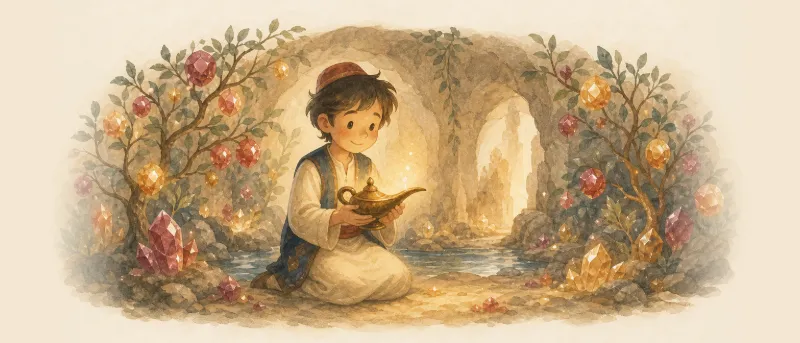 Aladin und die Wunderlampe: Ein Junge hält die alte Öllampe in einer Schatzhöhle voller funkelnder Edelsteinfrüchte (Illustration)