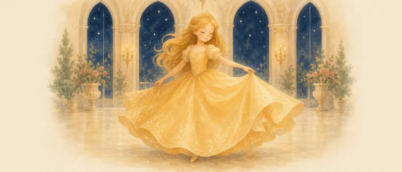 Allerleirauh im goldenen Kleid wie die Sonne auf dem Fest im Schloss – Titelbild zum Märchen Allerleirauh