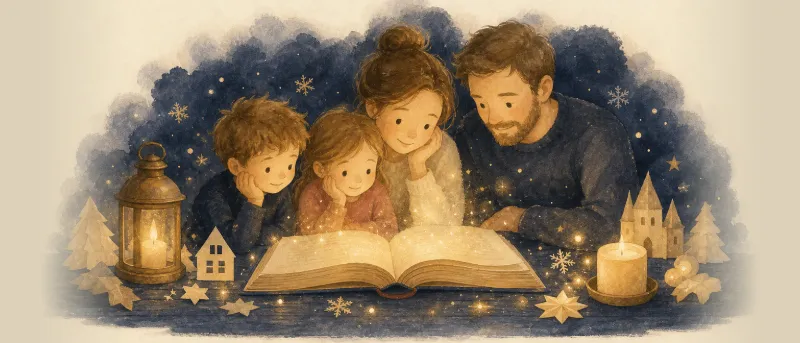 Andersens Märchen: aufgeschlagenes Märchenbuch mit Kerze und Schneeflocken – Titelbild zur Übersicht der Andersen-Märchen zum Vorlesen.