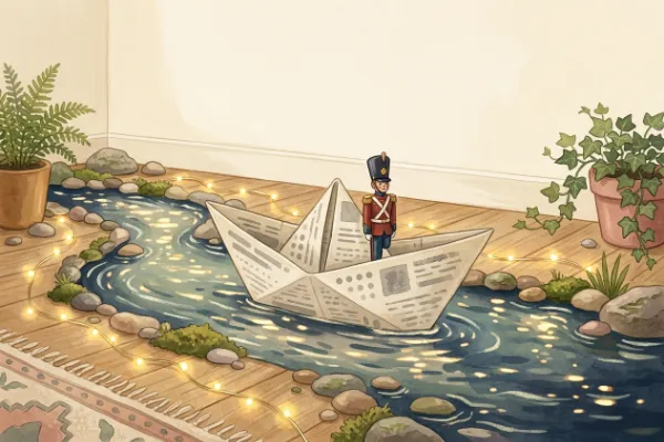 Papierboot mit einem einbeinigen Zinnsoldaten auf dem Wasser – Motiv zum Märchen Der standhafte Zinnsoldat aus Andersens Märchen