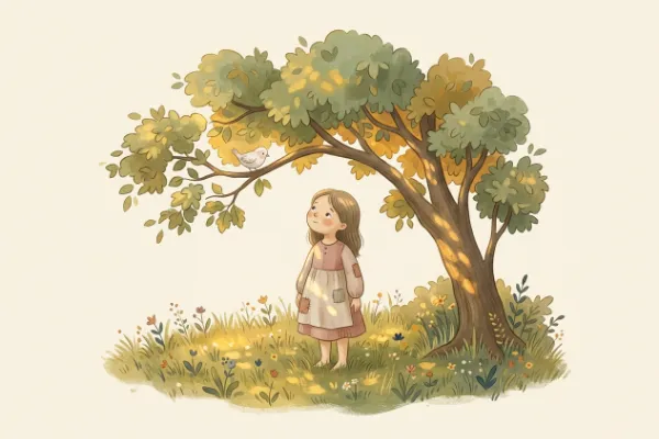 Aschenputtel steht unter einem Haselbaum, auf dem ein weißes Vöglein sitzt – Illustration zum Märchen.