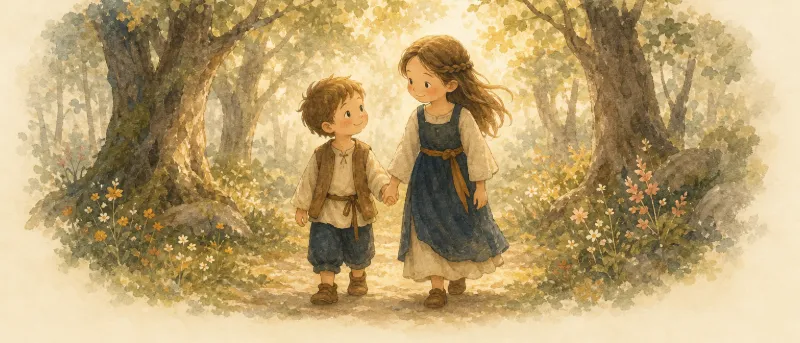 Brüderchen und Schwesterchen gehen Hand in Hand durch den Wald – Illustration zum Märchen zum Vorlesen und Anhören