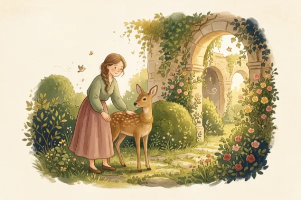 Rehkälbchen mit goldenem Halsband steht neben seiner Schwester im Schlossgarten – Illustration zu Brüderchen und Schwesterchen