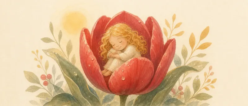 Däumelinchen sitzt in einer geöffneten Tulpenblüte – Titelbild zum Märchen zum Vorlesen und Anhören