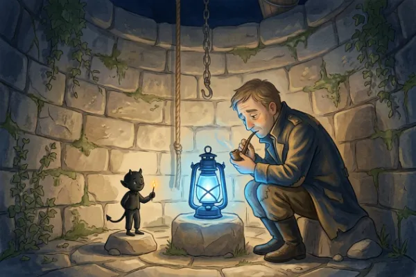 Das kleine schwarze Männchen steht neben dem Soldaten, der seine Pfeife am blauen Licht entzündet – Märchen Das blaue Licht