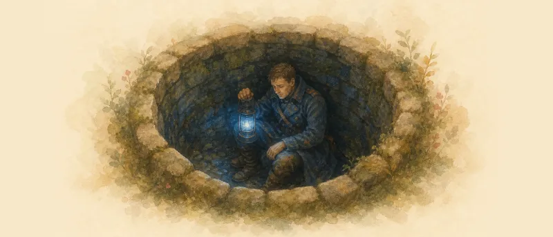 Soldat im abgetragenen Rock hält das blau leuchtende Licht im alten Brunnenschacht – Märchen Das blaue Licht zum Vorlesen und Anhören