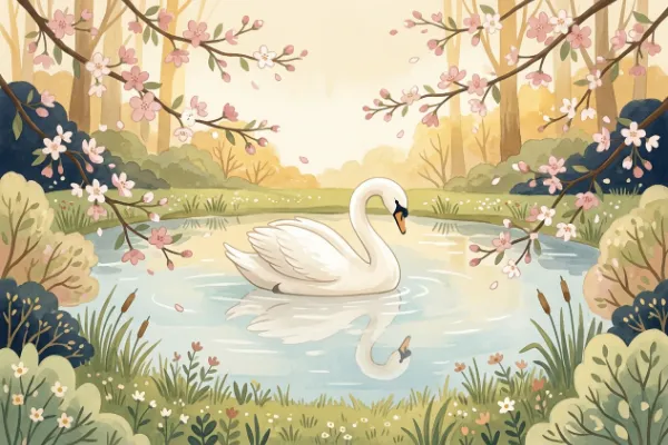 Weißer Schwan auf klarem Wasser zwischen blühenden Apfelbäumen – Szene aus dem Märchen