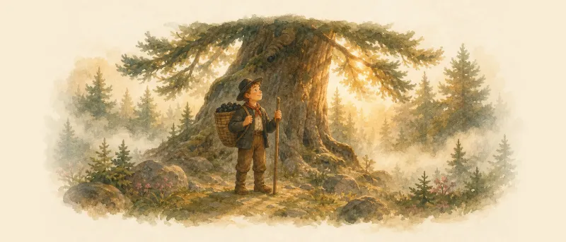 Illustration zum Märchen Das kalte Herz: der junge Köhler Peter Munk steht mit seinem Stock vor einer riesigen Tanne im Tannenbühl