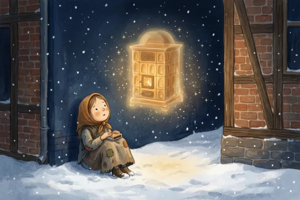 Das Mädchen mit den Schwefelhölzern sitzt im Schnee und sieht im warmen Schein einen Ofen erscheinen – Illustration zum Märchen