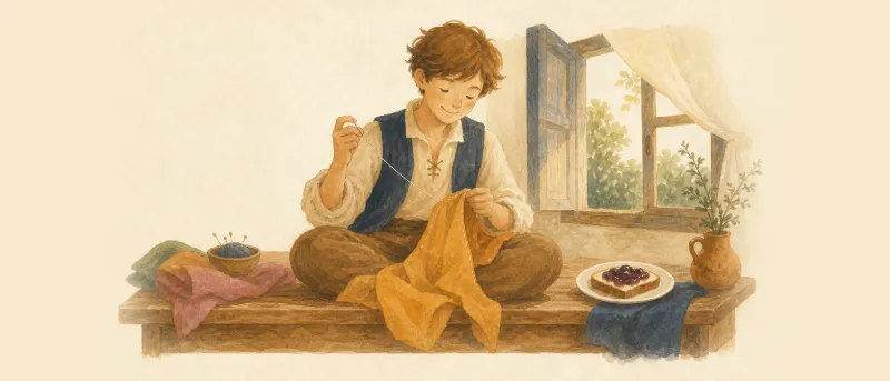 Illustration: Das tapfere Schneiderlein sitzt mit Nadel und Faden am Fenster, neben ihm liegt ein Stück Brot mit Mus