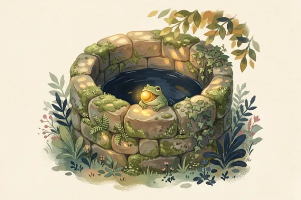 Ein Frosch hält die goldene Kugel im Maul und schaut am Brunnenrand empor, Szene aus dem Märchen Der Froschkönig.