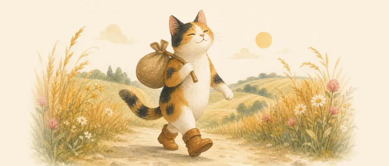 Der gestiefelte Kater mit hohen Lederstiefeln und einem Sack über der Schulter wandert über einen sonnigen Feldweg.
