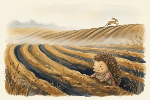 Der Hase und der Igel: Die Igelfrau wartet in der Ackerfurche, während der Hase erschöpft über das Feld rennt – Illustration