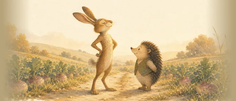 Illustration zum Märchen Der Hase und der Igel: Der Hase und der Igel stehen sich am Feldrand gegenüber und beginnen ihren Wettlauf
