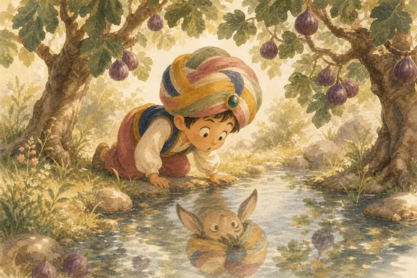 Der kleine Muck kniet am Bach unter den beiden Feigenbäumen und sieht im Wasser sein Spiegelbild mit langen Eselsohren