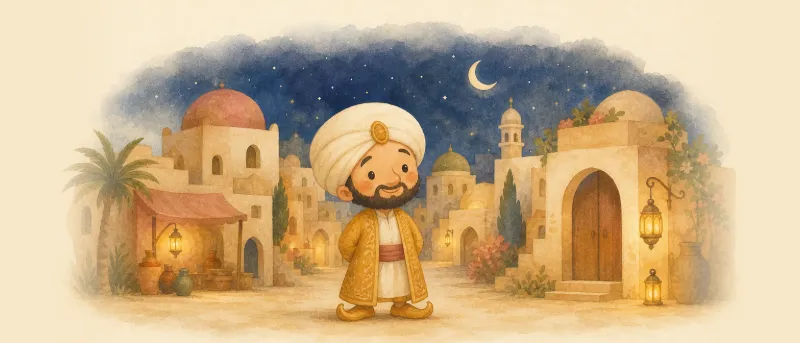 Der kleine Muck mit großem Turban, weitem Mäntelchen und riesigen Pantoffeln vor seinem Haus in Nikäa – Titelbild zum Märchen
