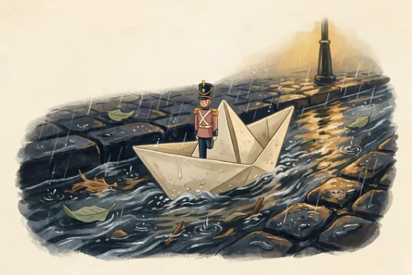 Der standhafte Zinnsoldat treibt in einem gefalteten Papierboot durch das Wasser eines Rinnsteins.