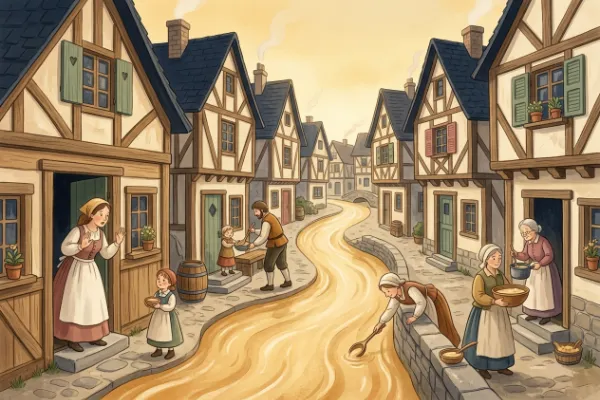 Illustration zum Märchen Der süße Brei: Der Brei fließt durch die Gassen eines Fachwerkdorfes, während die Bewohner staunen.