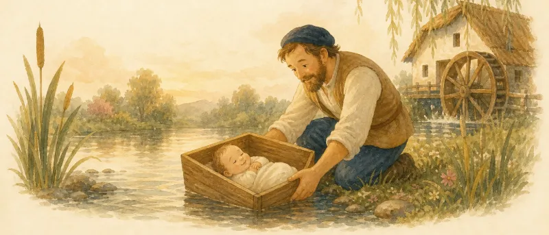 Der Teufel mit den drei goldenen Haaren: Eine Holzkiste mit schlafendem Baby treibt auf ruhigem Wasser vor einer Mühle – Titelbild