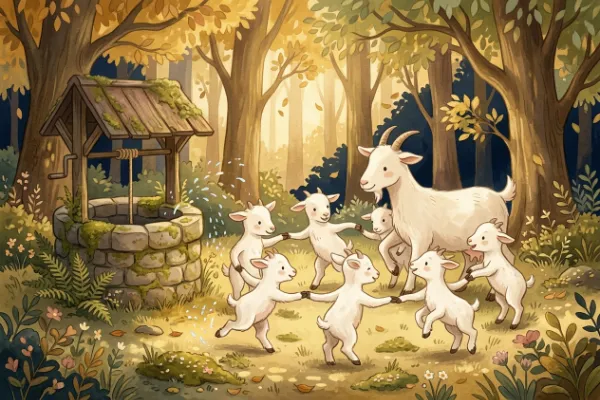 Der Wolf und die sieben Geißlein: Die Geißlein tanzen mit ihrer Mutter fröhlich im Kreis um den Brunnen – Märchen für Kinder.