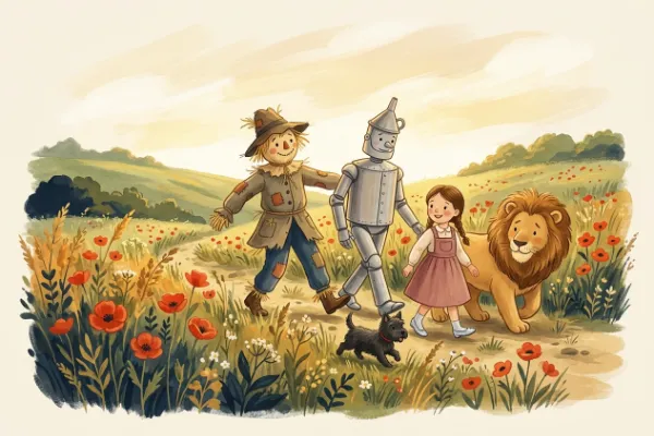 Vogelscheuche, Blechmann und Löwe wandern gemeinsam mit Dorothy zwischen roten Mohnblumen, Illustration zum Märchen Der Zauberer von Oz