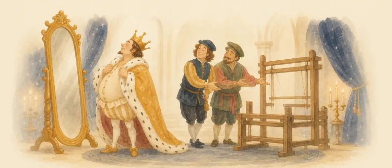 Illustration zu Des Kaisers neue Kleider: Der Kaiser vor einem großen Spiegel, daneben zwei Weber an leeren Webstühlen.