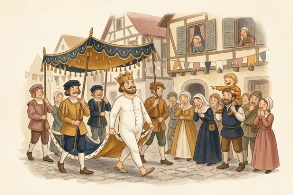 Des Kaisers neue Kleider: Ein Kind auf den Schultern des Vaters zeigt beim Festumzug auf den Kaiser und ruft, dass er nichts anhat.
